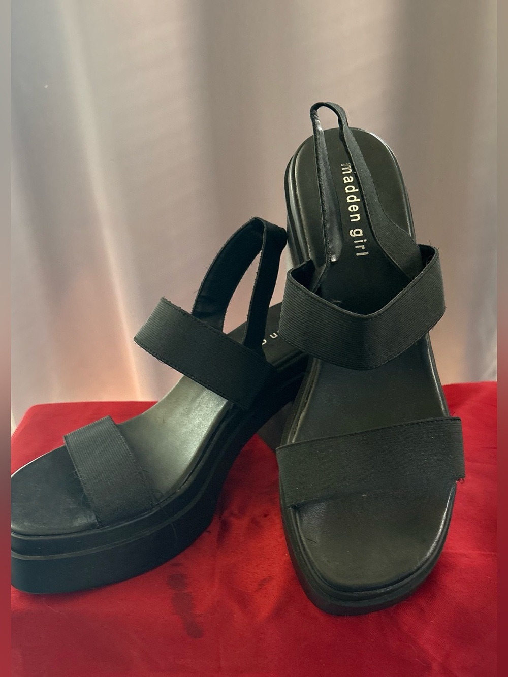 Madden Girl Black Elastic Band Chunky Platform Block Heel Slingback Sandals 11